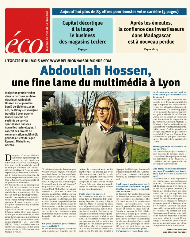 Une du supplément Eco du JIR - Abdoullah Hossen un fine lame du multimédia à Lyon